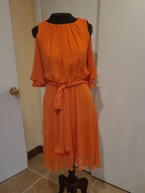 Calvin Klein Orange Chiffon Midi Dress with Tie Waist